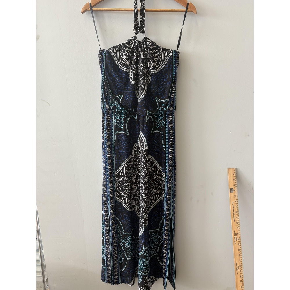 White House Black Market Dress Womens XS Black Geometric Halter Jersey Maxi Slit